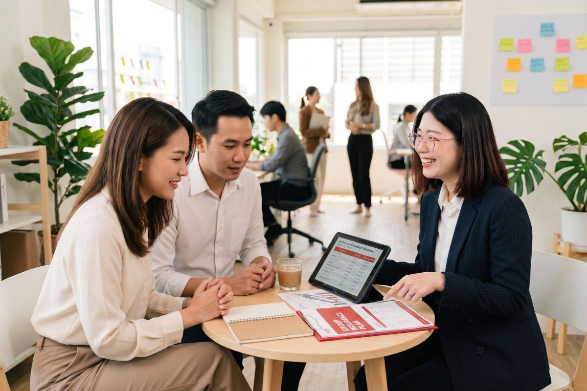 คุณใหม่คุยรายละเอียดประกันกลุ่มกับ HR และเจ้าของธุรกิจ